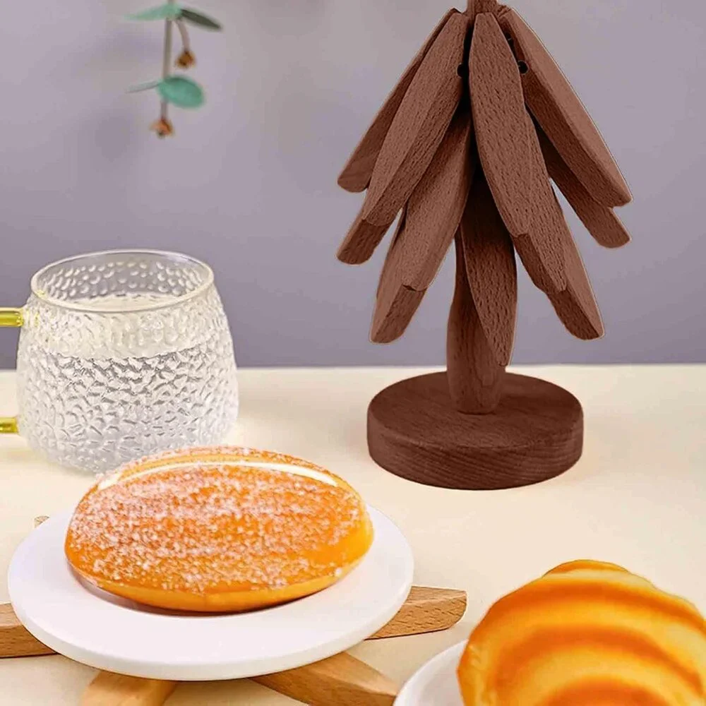 Wooden Cup Coaster Set，Tree Shape Trivet Set,Tree Coasters- 4 Wooden Trivets + 1